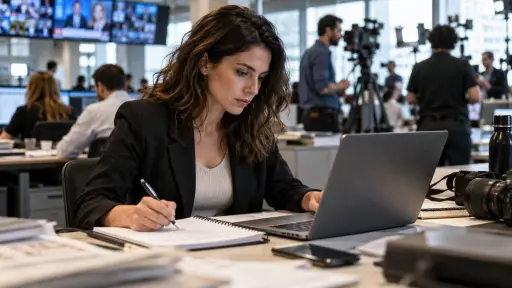 periodista tomando nota de un computador ,IA